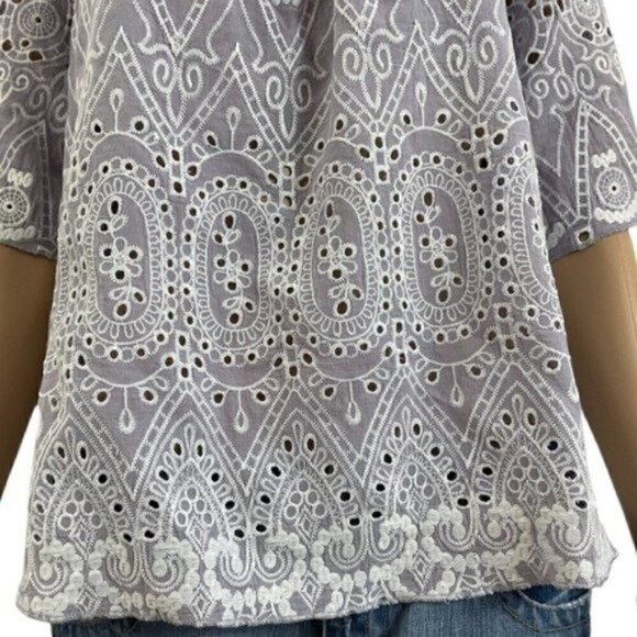 KAKTUS Embroidered boho lavender blouse side XL short sleeve keyhole button back - Picture 3 of 9